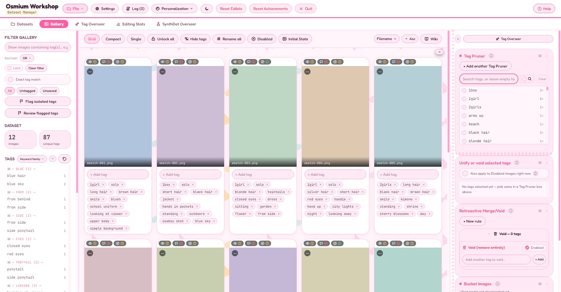 The same Gallery view in the Candy Pop theme: pink pills and a rounded face.