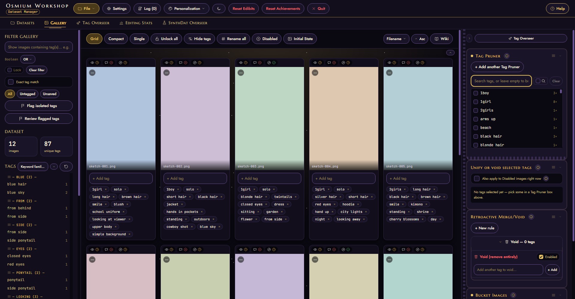 The same Gallery view in the Celestial Gold theme: navy, gold and a starfield.