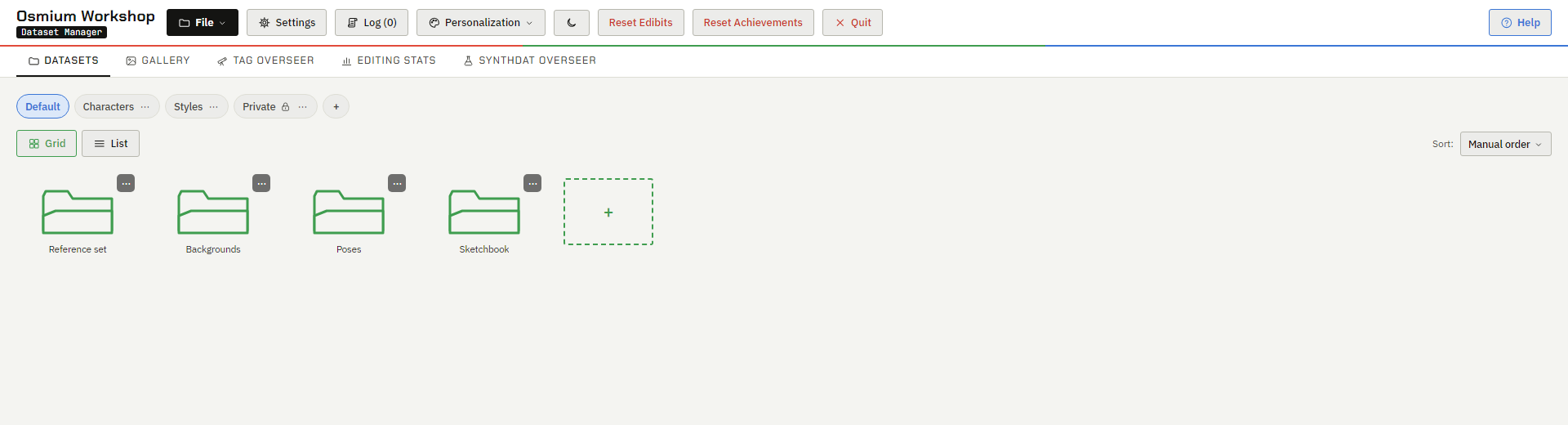 The Datasets tab: dataset folders in a grid, with Default, Characters, Styles and a locked Private group.