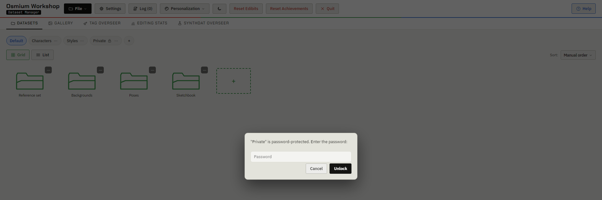 A password prompt for the locked Private group in the Datasets tab.