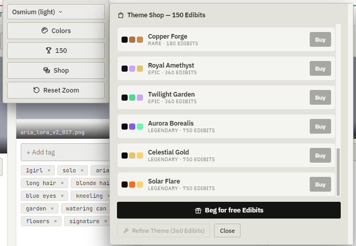 The theme shop listing rare, epic and legendary themes with their Edibits prices.