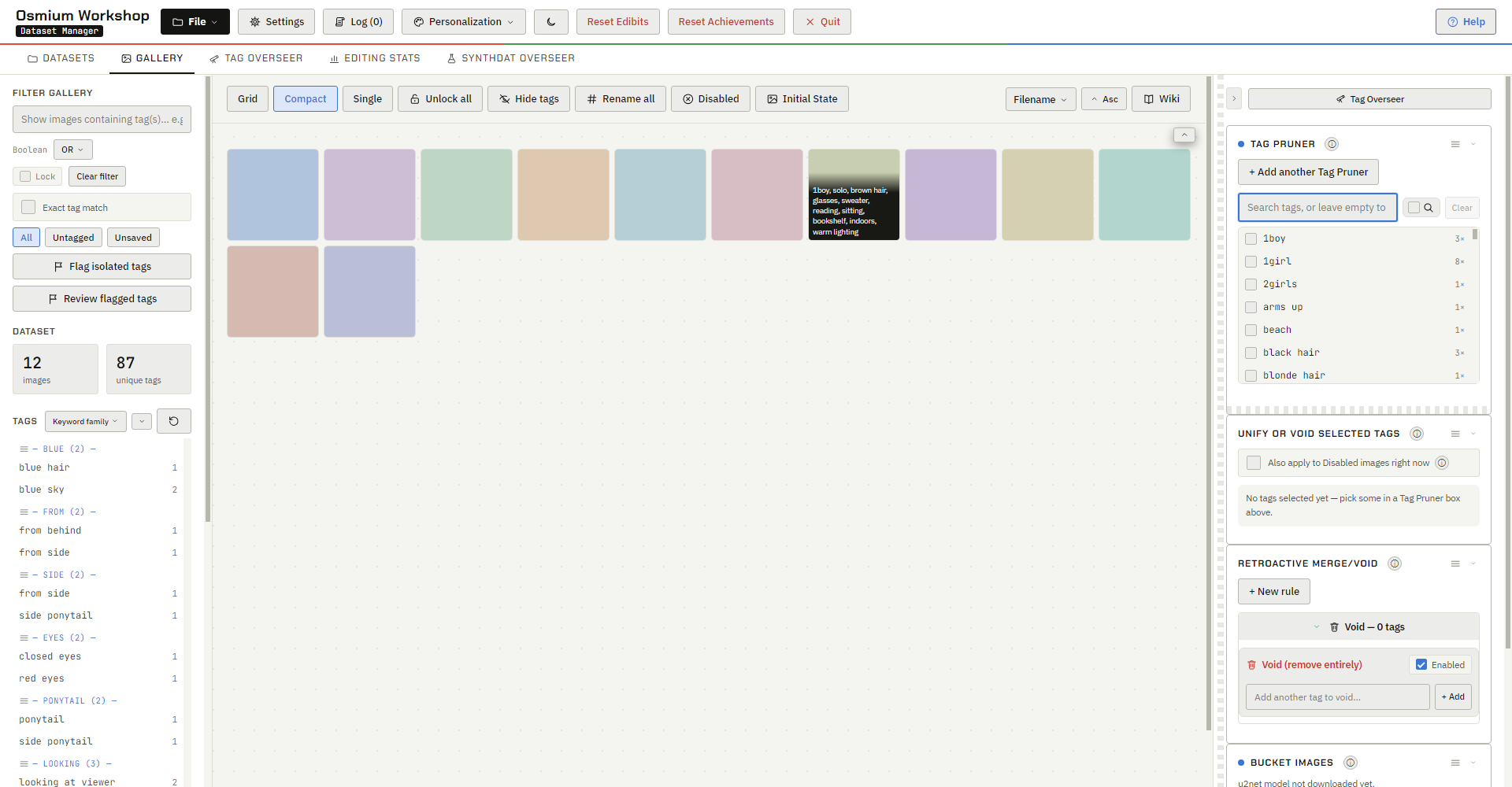 Compact view: a dense grid of thumbnails, one showing its tags on hover.