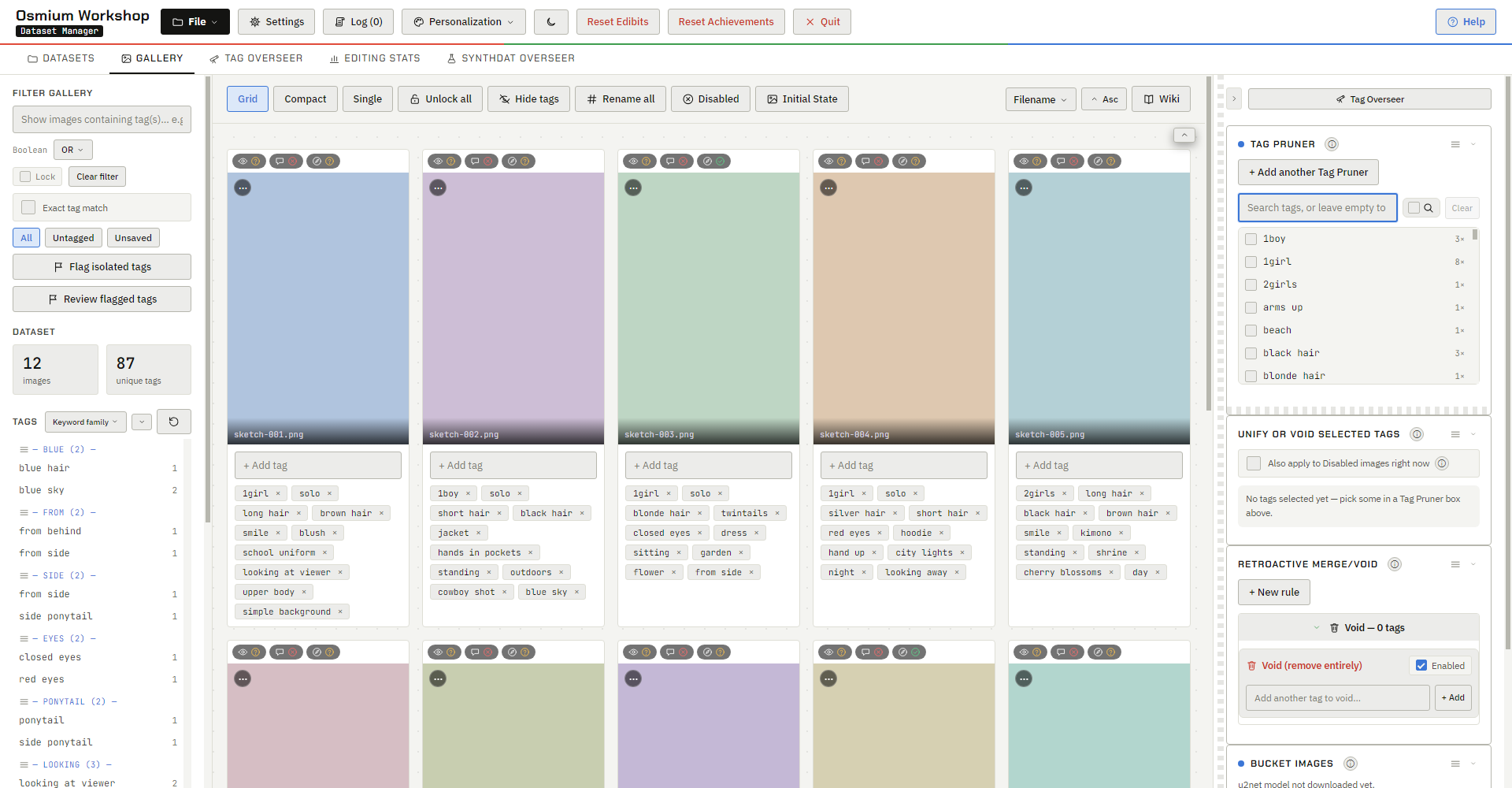 The Gallery tab in grid view: image cards with tag chips, the tag filter on the left and the tool docks on the right.