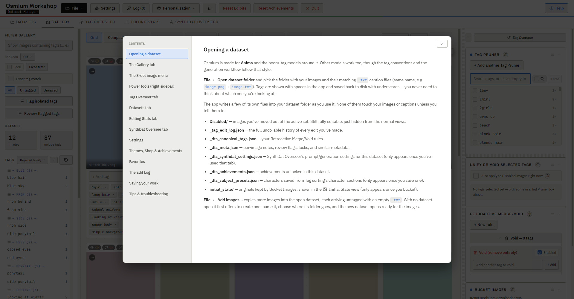 The built-in help panel with a table of contents and the Opening a dataset page.