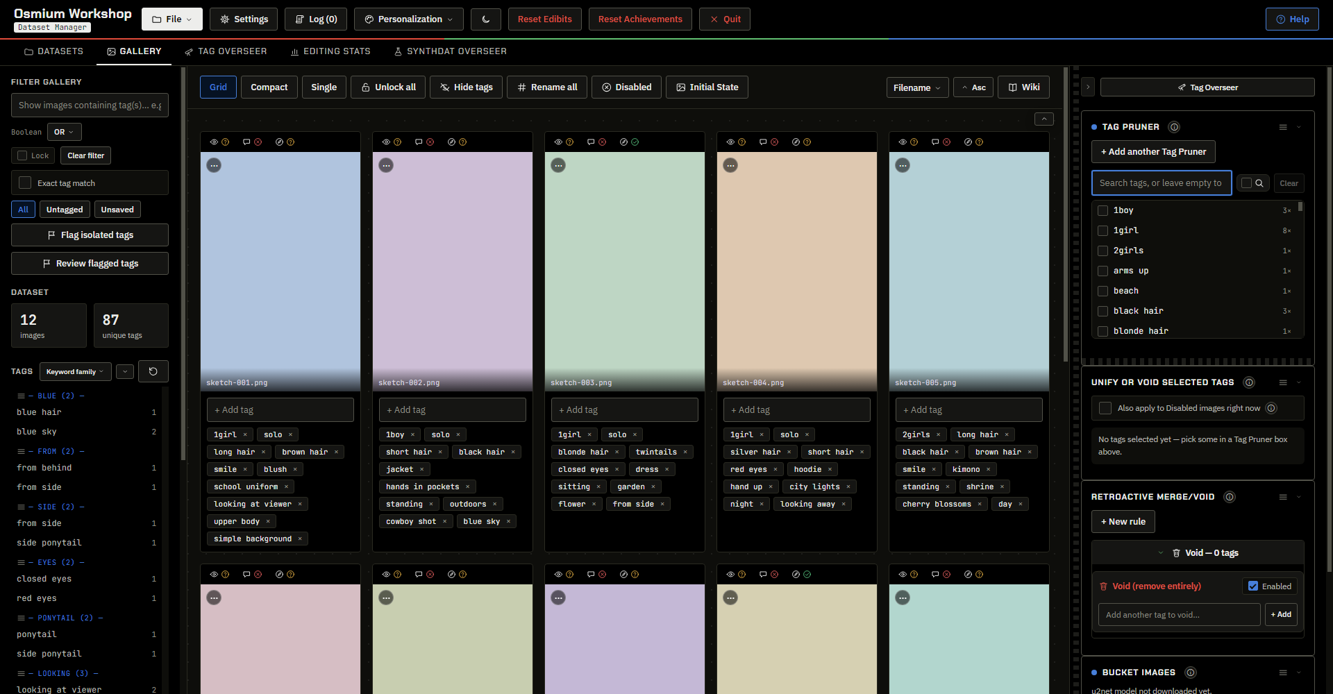 The Gallery tab with night mode on.
